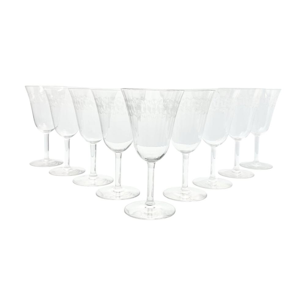 1920s Fostoria “Greek” 9 Optic Greek Key Etched Wine or Water Glasses 6 3/4” 9oz